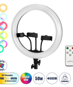 GloboStar® 75803 Professional Digital Ring Light Φ36cm LED SMD 50W 5000lm 180° DC 5V με Καλώδιο Τροφοδοσίας USB - Ενσωματωμένο και Ασύρματο Χειριστήριο RF 2.4Ghz Εναλλαγής Χρωμάτων & 3 Βάσεις Τηλεφώνου - Πολύχρωμο RGBW+WW Dimmable