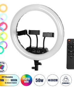 GloboStar® 75804 Professional Digital Ring Light Φ36cm LED SMD 50W 5000lm 180° AC 230V με Καλώδιο Τροφοδοσίας Πρίζας - Ασύρματο Χειριστήριο RF 2.4Ghz Εναλλαγής Χρωμάτων & 3 Βάσεις Τηλεφώνου - Πολύχρωμο RGBW+WW Dimmable