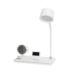 GLOBOSTAR® OLDY 76557 Μοντέρνο Επιτραπέζιο Φωτιστικό Γραφείου με Ασύρματη Φόρτιση 15W 3A, 5W Bluetooth Ηχείο & Ψηφιακό Ρολόι LED 3W 300lm 120° DC 5V με USB-C IP20 Ρυθμιζόμενο Λευκό CCT με Αφή 2700K/4500K/6000K Dimmable - Sanan SMD Chip - Λευκό - Μ13 x Π25 x Υ43cm - 2 Χρόνια Εγγύηση