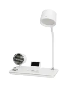 GLOBOSTAR® OLDY 76557 Μοντέρνο Επιτραπέζιο Φωτιστικό Γραφείου με Ασύρματη Φόρτιση 15W 3A, 5W Bluetooth Ηχείο & Ψηφιακό Ρολόι LED 3W 300lm 120° DC 5V με USB-C IP20 Ρυθμιζόμενο Λευκό CCT με Αφή 2700K/4500K/6000K Dimmable - Sanan SMD Chip - Λευκό - Μ13 x Π25 x Υ43cm - 2 Χρόνια Εγγύηση