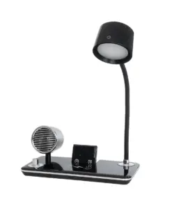 GLOBOSTAR® OLDY 76563 Μοντέρνο Επιτραπέζιο Φωτιστικό Γραφείου με Ασύρματη Φόρτιση 15W 3A, 5W Bluetooth Ηχείο & Ψηφιακό Ρολόι LED 3W 300lm 120° DC 5V με USB-C IP20 Ρυθμιζόμενο Λευκό CCT με Αφή 2700K/4500K/6000K Dimmable - Sanan SMD Chip - Μαύρο - Μ13 x Π25 x Υ43cm - 2 Χρόνια Εγγύηση