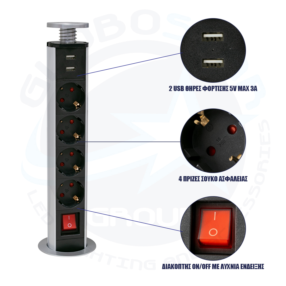 GloboStar® 79631 Χωνευτό Πτυσσόμενο Πολύμπριζο με 4 Πρίζες Ασφαλείας EU Σούκο AC 230V Max 4000W & 2 Εξόδους USB DC 5V Max 3A 18W & Ενσωματωμένο Διακόπτη Οn/Off - Image 10
