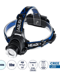 GloboStar® 79055 Φακός Κεφαλής Επαναφορτιζόμενος LED CREE XML2-T6 Chip 10 Watt 800lm με 2 x 18650 Μπαταρίες 5200mAh – Ψυχρό Λευκό 6000K – Μ8.5 x Π6.5 x Υ7cm