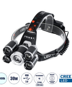 GloboStar® 79059 Φακός Κεφαλής Επαναφορτιζόμενος LED CREE XML2-T6 Chip 30 Watt 2000lm με 2 x 18650 Μπαταρίες 5200mAh Ψυχρό Λευκό 6000K – Μ9 x Π7.5 x Υ9cm