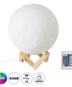 GloboStar® MOON 79607-S Επιτραπέζιο Φωτιστικό LED 3W 150lm 360° DC 5V IP20 RGB Dimmable Λευκό Πλαστικό με Μπεζ Ξύλο - Λειτουργία μόνο σε ρεύμα, χωρίς μπαταρίες - Μ20 x Π20 x Υ23cm - 2 Χρόνια Εγγύηση
