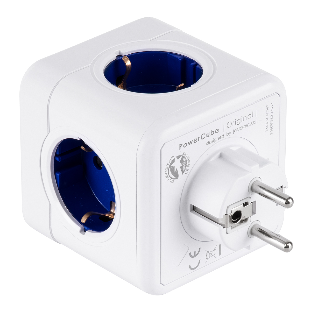 GLOBOSTAR® POWERCUBE 79629 Πολύπριζο 5 Θέσεων με 5 x EU Schuko Πρίζες Ασφαλείας Childproof AC 220-240V 3680W/16A Max Load IP20 - Λευκό & Μπλε - Μ7.5 x Π11.5 x Υ7.5cm - Image 4