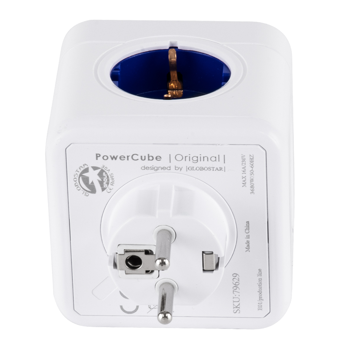 GLOBOSTAR® POWERCUBE 79629 Πολύπριζο 5 Θέσεων με 5 x EU Schuko Πρίζες Ασφαλείας Childproof AC 220-240V 3680W/16A Max Load IP20 - Λευκό & Μπλε - Μ7.5 x Π11.5 x Υ7.5cm - Image 5