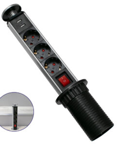 GLOBOSTAR® POWERFOLD 79630 Χωνευτό Πτυσσόμενο Πολύπριζο 5 Θέσεων με 2 x Πρίζες DC 5V USB 3.0 & 3 x EU Schuko Πρίζες Ασφαλείας Childproof AC 220-240V 3000W/13A Max Load με Διακόπτη On/Off IP20 - Μαύρο & Γκρι - Μ8 x Π8 x Υ33cm
