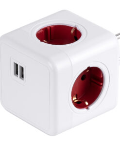 GloboStar® TRAVEL PowerCube PRO Certified 79634 Πολύπριζο 6 Θέσεων με 4 Πρίζες Ασφαλείας Childproof EU Schuko AC 220-240V & 2 Πρίζες USB Max 2.1A/DC 5V Μ7.5 x Π11.5 x Υ7.5 - Λευκό με Κόκκινο - Max Load 3680W/16A