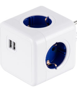 GloboStar® TRAVEL PowerCube PRO Certified 79638 Πολύπριζο 6 Θέσεων με 4 Πρίζες Ασφαλείας Childproof EU Schuko AC 220-240V & 2 Πρίζες USB Max 2.1A/DC 5V Μ7.5 x Π11.5 x Υ7.5 - Λευκό με Μπλε - Max Load 3680W/16A