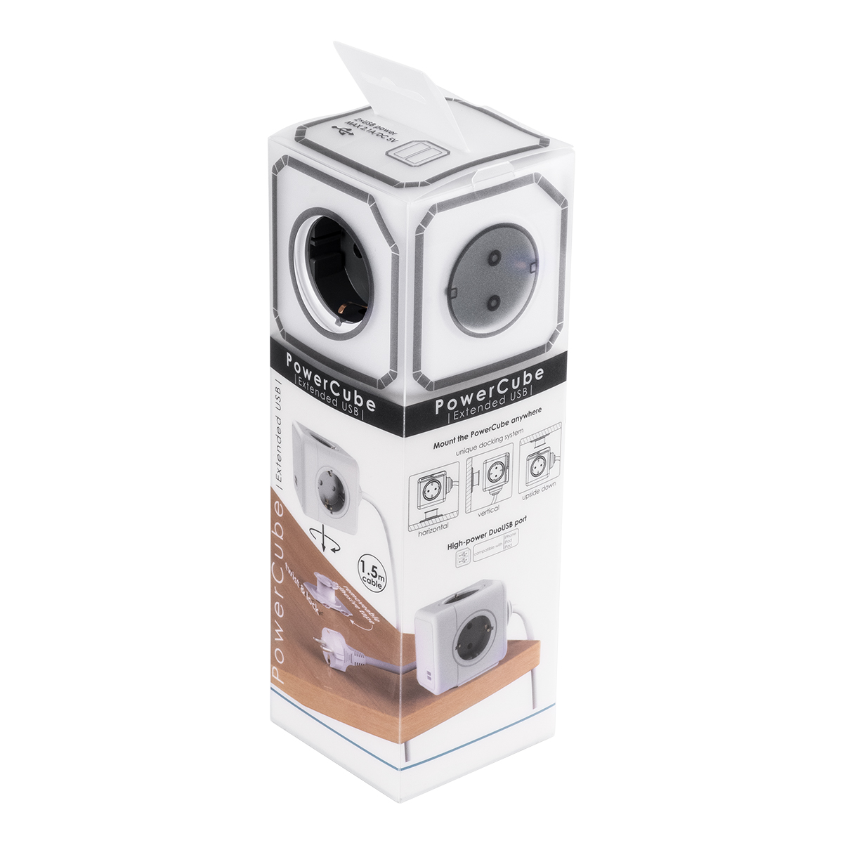 GloboStar® TRAVEL PowerCube PRO Certified 79639 Πολύπριζο 6 Θέσεων με 1.5m Kαλώδιο - 4 Πρίζες Ασφαλείας Childproof EU Schuko AC 220-240V & 2 Πρίζες USB Max 2.1A/DC 5V Μ7.5 x Π7.5 x Υ7.5 - Λευκό με Γκρι - Max Load 3680W/16A - Image 11