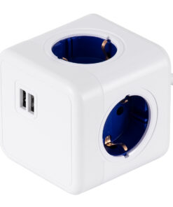GloboStar® TRAVEL PowerCube PRO Certified 79643 Πολύπριζο 6 Θέσεων με 1.5m Kαλώδιο - 4 Πρίζες Ασφαλείας Childproof EU Schuko AC 220-240V & 2 Πρίζες USB Max 2.1A/DC 5V Μ7.5 x Π7.5 x Υ7.5 - Λευκό με Μπλε - Max Load 3680W/16A