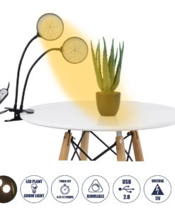 GloboStar® 79651 Grow Light Hydro Spectrum LED Φωτιστικό Ανάπτυξης Υδροπονικών Φυτών Γλάστρας με 2 Κινούμενες Κεφαλές & Βάση Clip SMD 2835 10W 160° DC 5V IP20 με Dimmer & Timer Εσωτερικού Χώρου για Κάλυψη Επιφάνειας 0.6m x 0.6m Πλήρους Φάσματος Φωτισμού