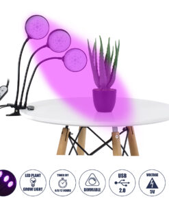 GloboStar® 79652 Grow Light Full Spectrum LED Φωτιστικό Ανάπτυξης Φυτών Γλάστρας με 3 Κινούμενες Κεφαλές & Βάση Clip SMD 2835 15W 160° DC 5V IP20 με Dimmer & Timer Εσωτερικού Χώρου για Κάλυψη Επιφάνειας 1m x 1m Πλήρους Φάσματος Φωτισμού