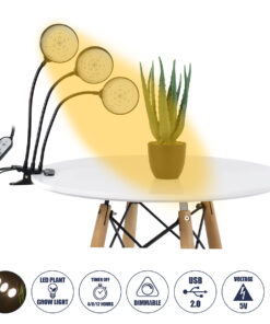 GloboStar® 79653 Grow Light Hydro Spectrum LED Φωτιστικό Ανάπτυξης Υδροπονικών Φυτών Γλάστρας με 3 Κινούμενες Κεφαλές & Βάση Clip SMD 2835 15W 160° DC 5V IP20 με Dimmer & Timer Εσωτερικού Χώρου για Κάλυψη Επιφάνειας 1m x 1m Πλήρους Φάσματος Φωτισμού