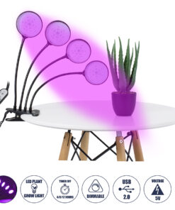 GloboStar® 79654 Grow Light Full Spectrum LED Φωτιστικό Ανάπτυξης Φυτών Γλάστρας με 4 Κινούμενες Κεφαλές & Βάση Clip SMD 2835 20W 160° DC 5V IP20 με Dimmer & Timer Εσωτερικού Χώρου για Κάλυψη Επιφάνειας 1m x 1m Πλήρους Φάσματος Φωτισμού