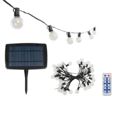 GLOBOSTAR® TWILIGHT 79668 Μοντέρνο Φωτιστικό Κήπου Γιρλάντα 10.5m με 30 Λάμπες & IR Ασύρματο Χειριστήριο LED 18W 1620lm 360° DC 3.7V με Ενσωματωμένο Φωτοβολταϊκό Panel 5.5V 3W & Επαναφορτιζόμενη Μπαταρία Li-ion 3.6V 2x18650 4400mAh Αδιάβροχο IP65 Θερμό Λευκό 2700Κ Dimmable - Sanan SMD Chip - Μαύρο & Διάφανο - Μ1050 x Π4 x Υ7cm - 2 Χρόνια Εγγύηση