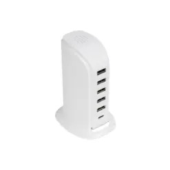 GLOBOSTAR® CHARGER 79704 Πολυφορτιστής DC 5V με 5 x USB 2.0 & 1 x USB-C 30W 6A AC 220-240V IP20 - Λευκό - Μ8 x Π6.5 x Υ11.5cm