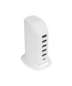 GLOBOSTAR® CHARGER 79704 Πολυφορτιστής DC 5V με 5 x USB 2.0 & 1 x USB-C 30W 6A AC 220-240V IP20 - Λευκό - Μ8 x Π6.5 x Υ11.5cm