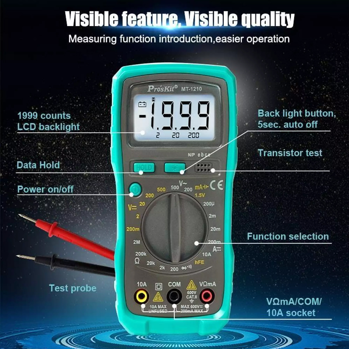 GloboStar® 79982 Ψηφιακό Πολύμετρο Proskit MT-1210 με Θήκη Προστασίας - Οθόνη 3 ½ - Buzzer και Βοηθητικό Φωτισμό - Image 9