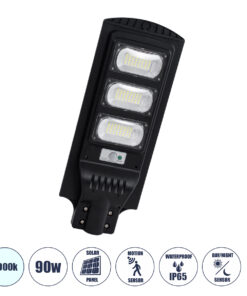 GLOBOSTAR® STREETB 85343 Φωτιστικό Δρόμου LED 90W 4500lm 120° DC 5V με Ενσωματωμένο Φωτοβολταϊκό Panel 6V 12W & Επαναφορτιζόμενη Μπαταρία Li-ion 3.2V 12000mAh με Αισθητήρα Κίνησης-Ημέρας-Νύχτας Αδιάβροχο IP65 Ψυχρό Λευκό 6000K - Μαύρο - Μ24 x Π63 x Υ6cm - 2 Χρόνια Εγγύηση