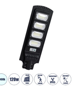 GloboStar® STREETA 85344 Professional LED Solar Street Light Αυτόνομο Ηλιακό Φωτιστικό Δρόμου 120W 6000lm 192 x LED SMD 5730 με Ενσωματωμένο Φωτοβολταϊκό Panel 6V 15W & Επαναφορτιζόμενη Μπαταρία Li-ion 3.2V 15000mAh με Αισθητήρα Ημέρας-Νύχτας & PIR Αισθητήρα Κίνησης - Αδιάβροχο IP65 - Ψυχρό Λευκό 6000K - Μ24 x Π6 x Υ73cm - 2 Years Warranty