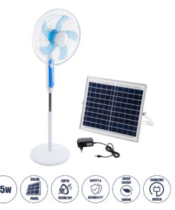 GloboStar® SOLARA-FAN 85355 Solar Fan Αυτόνομος Ηλιακός Επιδαπέδιος Ανεμιστήρας 25W 2 Λειτουργιών Ρεύματος με AC 220-240V ή με Φωτοβολταϊκό Panel 9V 12W & Επαναφορτιζόμενη Μπαταρία Li-ion 7.4V 4400mAh - 3 Ταχύτητες - Ενσωματωμένο USB 2.0 Charger Συσκευών - IP20 - Μ44 x Π37.5 x Υ132cm - Λευκό & Μπλε - 2 Years Warranty