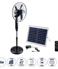 GloboStar® SOLARE-FAN 85358 Solar Fan Αυτόνομος Ηλιακός Επιδαπέδιος Ανεμιστήρας 25W 2 Λειτουργιών Ρεύματος με AC 220-240V ή με Φωτοβολταϊκό Panel 9V 15W & Επαναφορτιζόμενη Μπαταρία Li-ion 7.4V 6000mAh - 12 Ταχύτητες - Ασύρματο Χειριστήριο - Ενσωματωμένο USB 2.0 Charger Συσκευών - IP20 - Μ44 x Π37.5 x Υ132cm - Μαύρο - 2 Years Warranty