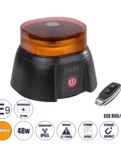 GloboStar® 85359 PRO Series Επαναφορτιζόμενος Φάρος Σήμανσης Οχήματος Security - Ασφαλείας για Αυτοκίνητα & Φορτηγά 10 Προγραμμάτων Φωτισμού STROBE LED 48W DC 10-30V Αδιάβροχος IP65 Πορτοκαλί