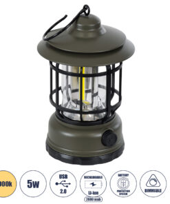 GloboStar® 85693 Αυτόνομο Επαναφορτιζόμενο Φανάρι Camping LED 5W USB 2.0 με Επαναφορτιζόμενη Μπαταρία 1 x 18650 2000mAh Li-ion - IP20 - Dimmable - Πράσινο Χακί με Διάφανο Γυαλί - Θερμό Λευκό 3000K Φ12 x Υ17cm
