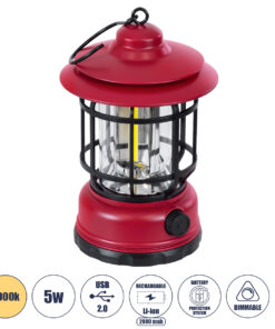 GloboStar® 85694 Αυτόνομο Επαναφορτιζόμενο Φανάρι Camping LED 5W USB 2.0 με Επαναφορτιζόμενη Μπαταρία 1 x 18650 2000mAh Li-ion - IP20 - Dimmable - Κόκκινο με Διάφανο Γυαλί - Θερμό Λευκό 3000K Φ12 x Υ17cm