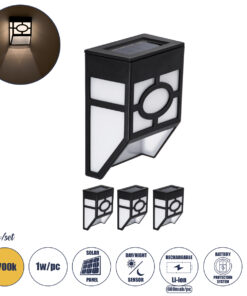 GloboStar® 85707 ΣΕΤ 4 Τεμαχίων Αυτόνομα Ηλιακά Φωτιστικά Τοίχου Μαύρα-Λευκά LED SMD 1W 100lm με Ενσωματωμένη Μπαταρία 600mAh - Φωτοβολταϊκό Πάνελ με Αισθητήρα Ημέρας-Νύχτας Αδιάβροχα IP65 Θερμό Λευκό 3000K