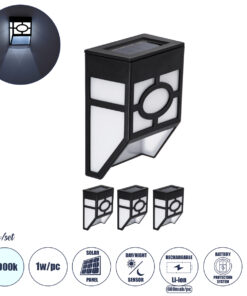 GloboStar® 85708 ΣΕΤ 4 Τεμαχίων Αυτόνομα Ηλιακά Φωτιστικά Τοίχου Μαύρα-Λευκά LED SMD 1W 100lm με Ενσωματωμένη Μπαταρία 600mAh - Φωτοβολταϊκό Πάνελ με Αισθητήρα Ημέρας-Νύχτας Αδιάβροχα IP65 Ψυχρό Λευκό 6000K