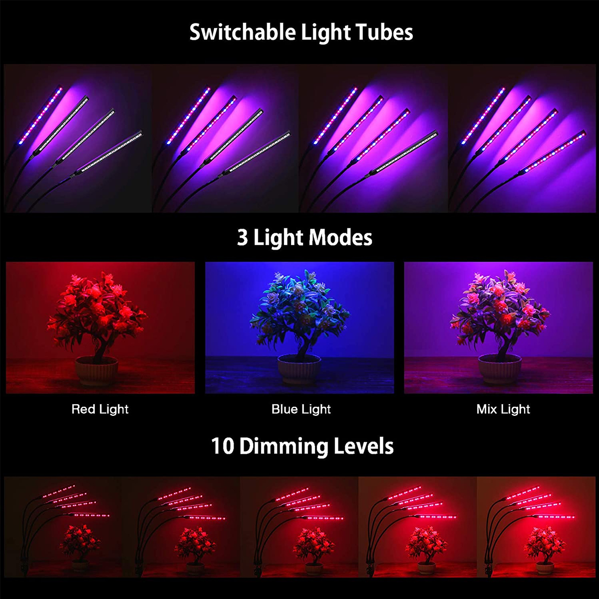 GloboStar® 85957 Grow Light Full Spectrum LED Φωτιστικό Ανάπτυξης Φυτών Γλάστρας με 4 Κινούμενες Κεφαλές & Βάση Μανταλάκι Clip SMD 2835 20W 160° AC230V IP20 με Dimmer & Timer Εσωτερικού Χώρου για Κάλυψη Επιφάνειας 1m x 1m Πλήρους Φάσματος Φωτισμού - Image 11