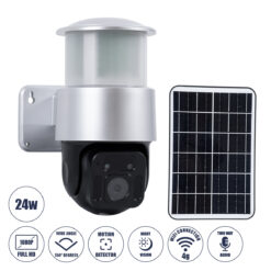 GloboStar® 86046 Αυτόνομος Ηλιακός Προβολέας LED SMD 24W 1200lm Camera 1080P 2MP WiFi 150° Μπαταρία 3200mAh Φωτοβολταϊκό Πάνελ Αισθητήρα Ημέρας-Νύχτας & Ρύθμιση Χρόνου Διπλή Κατέυθυνση Ομιλίας Αδιάβροχος IP66 Ψυχρό Λευκό 6000K - Ασημί