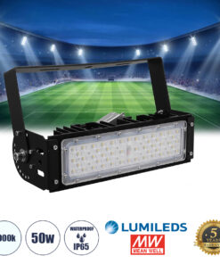 GLOBOSTAR® GOLIATH 90100-1 Προβολέας για Γήπεδα Tennis & Ποδοσφαίρου 5x5 LED 50W 7500lm 75°x135° SDCM<5 Fish Eye Lens AC 220-240V Αδιάβροχο IP65 IK08 Φυσικό Λευκό 5000K - Lumileds SMD Chip & Mean Well Driver - Μαύρο Ματ - Μ32 x Π12 x Υ9cm - 5 Χρόνια Εγγύηση