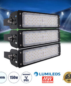 GLOBOSTAR® GOLIATH 90100-3 Προβολέας για Γήπεδα Tennis & Ποδοσφαίρου 5x5 LED 150W 22500lm 75°x135° SDCM<5 Fish Eye Lens AC 220-240V Αδιάβροχο IP65 IK08 Φυσικό Λευκό 5000K - Lumileds SMD Chip & Mean Well Driver - Μαύρο Ματ - Μ32 x Π12 x Υ27cm - 5 Χρόνια Εγγύηση