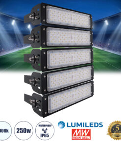 GLOBOSTAR® GOLIATH 90100-5 Προβολέας για Γήπεδα Tennis & Ποδοσφαίρου 5x5 LED 250W 37500lm 75°x135° SDCM<5 Fish Eye Lens AC 220-240V Αδιάβροχο IP65 IK08 Φυσικό Λευκό 5000K - Lumileds SMD Chip & Mean Well Driver - Μαύρο Ματ - Μ32 x Π12 x Υ45cm - 5 Χρόνια Εγγύηση