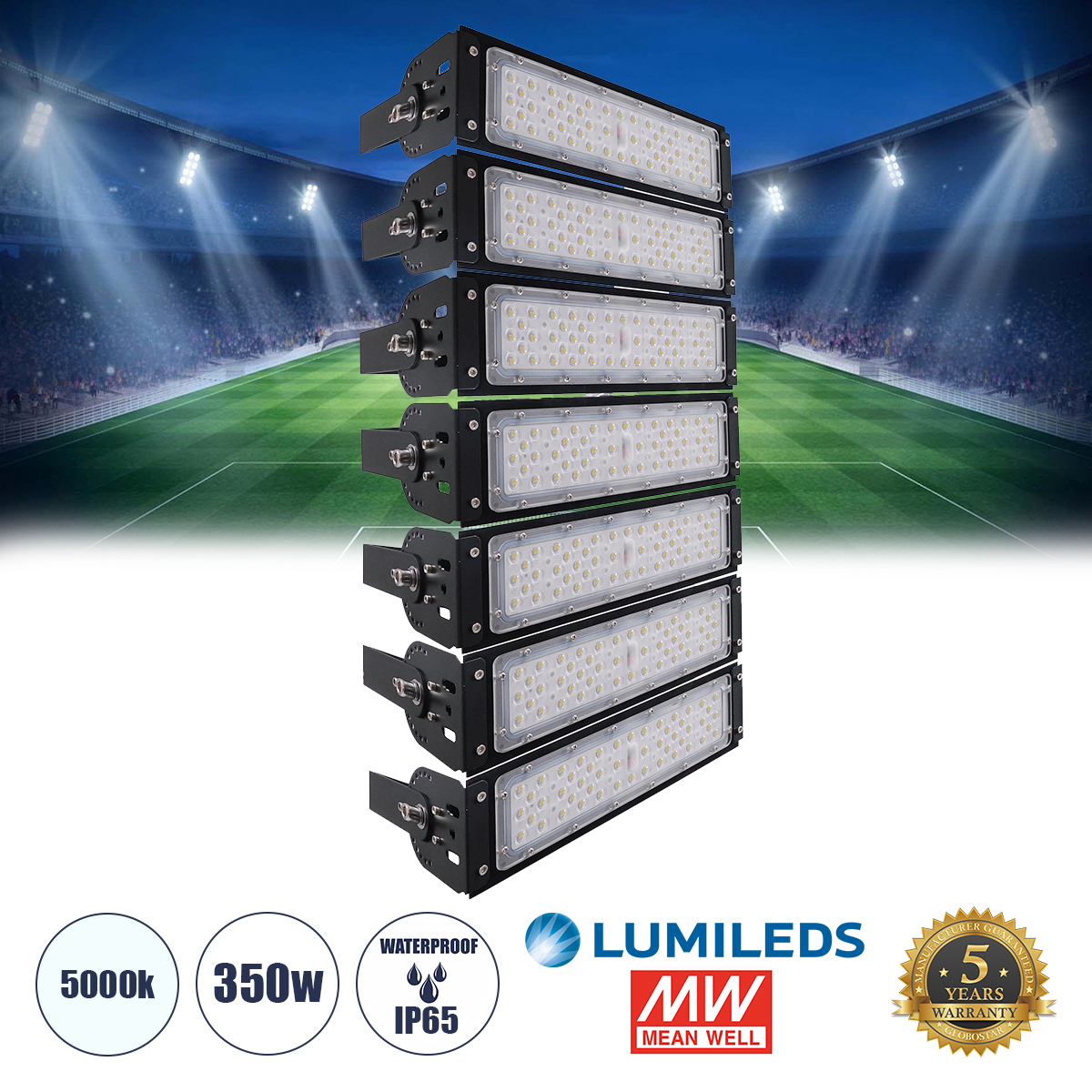 GLOBOSTAR® GOLIATH 90100-7 Προβολέας για Γήπεδα Tennis & Ποδοσφαίρου 5x5 LED 350W 52500lm 75°x135° SDCM<5 Fish Eye Lens AC 220-240V Αδιάβροχο IP65 IK08 Φυσικό Λευκό 5000K - Lumileds SMD Chip & Mean Well Driver - Μαύρο Ματ - Μ32 x Π12 x Υ63cm - 5 Χρόνια Εγγύηση