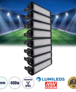 GLOBOSTAR® GOLIATH 90100-8 Προβολέας για Γήπεδα Tennis & Ποδοσφαίρου 5x5 LED 400W 60000lm 75°x135° SDCM<5 Fish Eye Lens AC 220-240V Αδιάβροχο IP65 IK08 Φυσικό Λευκό 5000K - Lumileds SMD Chip & Mean Well Driver - Μαύρο Ματ - Μ32 x Π12 x Υ72cm - 5 Χρόνια Εγγύηση