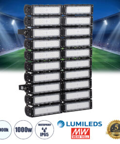 GLOBOSTAR® GOLIATH 90105 Προβολέας για Γήπεδα Tennis & Ποδοσφαίρου 5x5 LED 1000W 150000lm 75°x135° SDCM<5 Fish Eye Lens AC 220-240V Αδιάβροχο IP65 IK08 Φυσικό Λευκό 5000K - Lumileds SMD Chip & Mean Well Driver - Μαύρο Ματ - Μ62 x Π22 x Υ90cm - 5 Χρόνια Εγγύηση