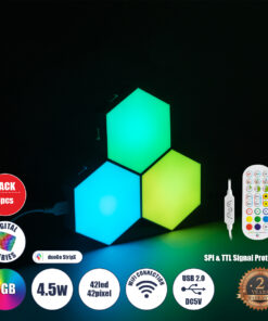 GloboStar® DIGIOCTA 90447 Σετ 3 Ψηφιακων LED RGB Φωτιστικών Κυψελών με Ψηφιακό Controller με WiFi Smart APP & Ασύρματο Χειριστήριο RF 2.4Ghz - LED SMD 5050 4.5W/Σετ 42PIXEL/Σετ 360lm/Σετ 120° DC 5V με USB 2.0 IP20 Πολύχρωμο RGB - Dimmable - Μ10.5 x Π10.5 x Υ3cm Ανά Κυψέλη - 2 Χρόνια Εγγύηση