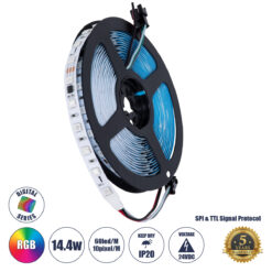 GLOBOSTAR® DIGIPRO 90596 Ψηφιακή Pixel Addressable Ταινία LED 14.4W/m 864lm/m 120° DC 24V IP20 60 x SMD5050 Chip/m 10 x Pixel/m Πολύχρωμο RGB Dimmable SPI/TTL Protocol IC WS2811/SM16703P - Sanan SMD Chip - Μ500 x Π1 x Υ0.2cm - Ρολό 5 Μέτρων - 5 Χρόνια Εγγύηση