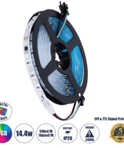 GLOBOSTAR® DIGIPRO 90596 Ψηφιακή Pixel Addressable Ταινία LED 14.4W/m 864lm/m 120° DC 24V IP20 60 x SMD5050 Chip/m 10 x Pixel/m Πολύχρωμο RGB Dimmable SPI/TTL Protocol IC WS2811/SM16703P - Sanan SMD Chip - Μ500 x Π1 x Υ0.2cm - Ρολό 5 Μέτρων - 5 Χρόνια Εγγύηση