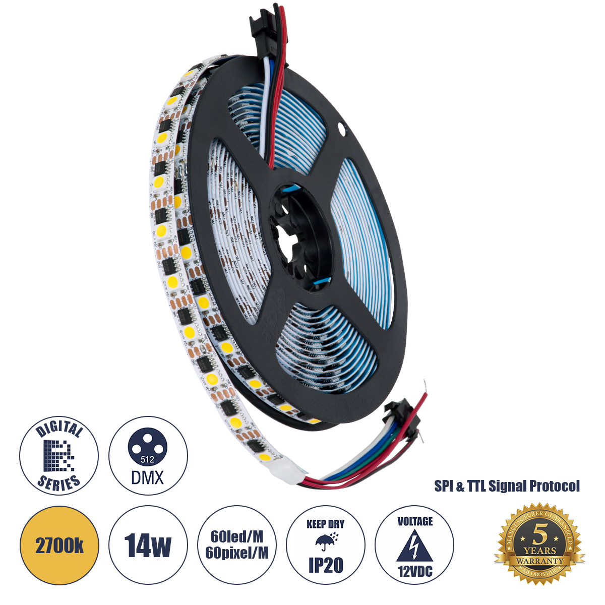 GLOBOSTAR® DIGIPRO 90603 Ψηφιακή Pixel Addressable Ταινία LED 14.4W/m 1296lm/m 120° DC 12V IP20 60 x SMD5050 Chip/m 60 x Pixel/m Θερμό Λευκό 2700K Dimmable SPI/TTL Protocol IC TM1908 - Sanan SMD Chip - Μ500 x Π1 x Υ0.2cm - Ρολό 5 Μέτρων - 5 Χρόνια Εγγύηση