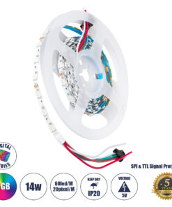 GLOBOSTAR® DIGIPRO 90606 Ψηφιακή Pixel Addressable Ταινία LED 14.4W/m 864lm/m 120° DC 5V IP20 60 x SMD5050 Chip/m 20 x Pixel/m Πολύχρωμο RGB Dimmable SPI/TTL Protocol IC WS2812/SK6812 - Sanan SMD Chip - Μ200 x Π0.6 x Υ0.2cm - Ρολό 2 Μέτρων - 5 Χρόνια Εγγύηση