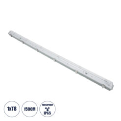 GLOBOSTAR® VIGAS 90614 Γραμμικό Βιομηχανικό Φωτιστικό Σκαφάκι Tri-Proof με Μεταλλικά Clips για 1 x Λάμπες T8 G13 150cm Τύπου Φθορίου LED Τροφοδοσίας Ενός Άκρου 120° AC 220-240V Αδιάβροχο IP65 - Γκρι με Διάφανο Κάλυμμα Πλαστικό PC - Μ156 x Π8 x Υ9cm