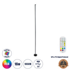 GLOBOSTAR® DIGICOLUMN 90764 Μοντέρνο Επιδαπέδιο Γραμμικό Ψηφιακό Φωτιστικό Digital Pixel Symphony Bar με RF Ασύρματο Χειριστήριο LED 16W 1280lm 180° DC 5V με USB 2.0 IP20 Πολύχρωμο RGB Dimmable - Μαύρο - Φ3 x Υ165cm - 2 Χρόνια Εγγύηση