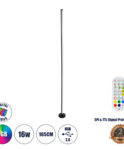 GLOBOSTAR® DIGICOLUMN 90764 Μοντέρνο Επιδαπέδιο Γραμμικό Ψηφιακό Φωτιστικό Digital Pixel Symphony Bar με RF Ασύρματο Χειριστήριο LED 16W 1280lm 180° DC 5V με USB 2.0 IP20 Πολύχρωμο RGB Dimmable - Μαύρο - Φ3 x Υ165cm - 2 Χρόνια Εγγύηση