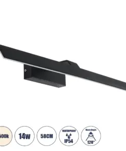 GLOBOSTAR® MIRROR 60517 Μοντέρνο Φωτιστικό Τοίχου - Απλίκα Καθρέπτη Μπάνιου LED 14W 1680lm 120° AC 220-240V IP54 Φυσικό Λευκό 4500K - Lumileds SMD Chip & TÜV SÜD Driver - Μαύρο Ματ - Μ58 x Π15 x Υ6cm - 2 Χρόνια Εγγύηση